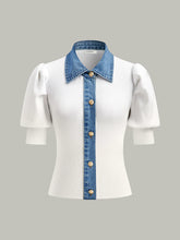 Knitted and Denim Contrast Button Top